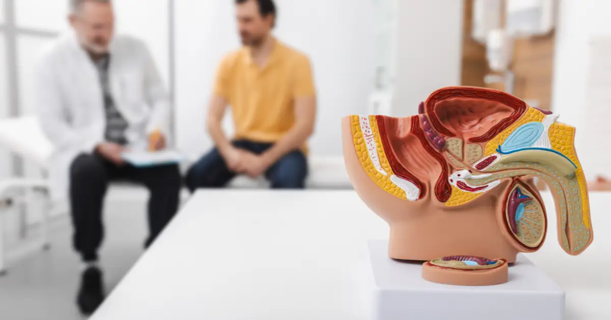 Erektilna disfunkcija - konsultacija muškarca sa urologom, anatomski model u prvom planu