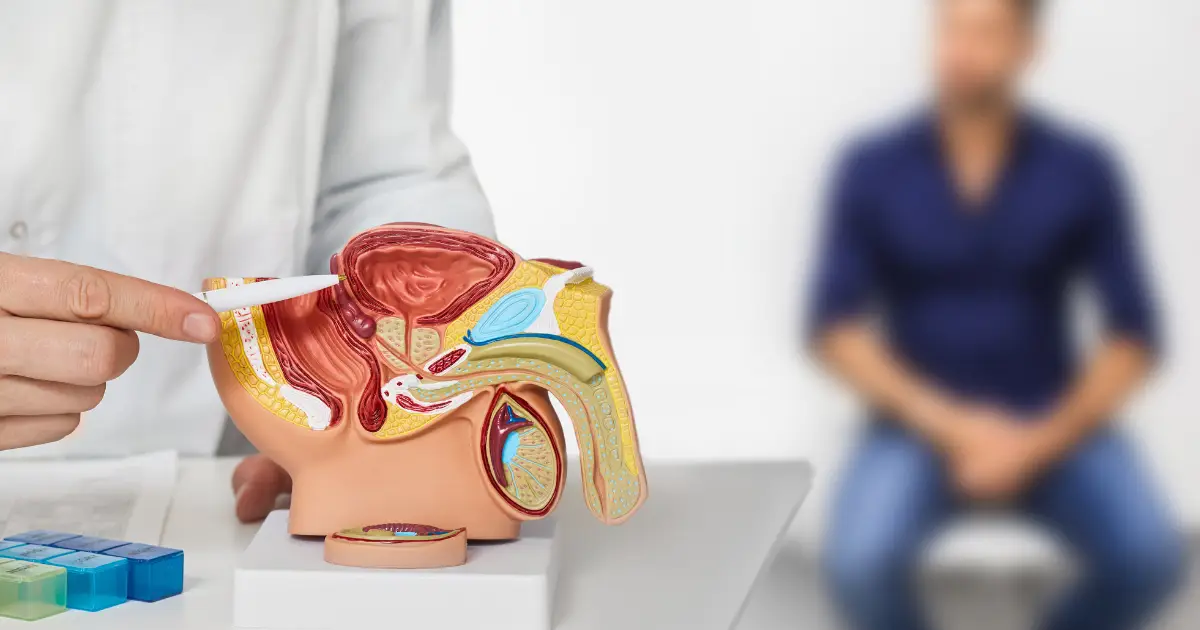 Uvećana prostata (BPH) - urolog na anatomskom modelu karlice objašnjava pacijentu prostatu